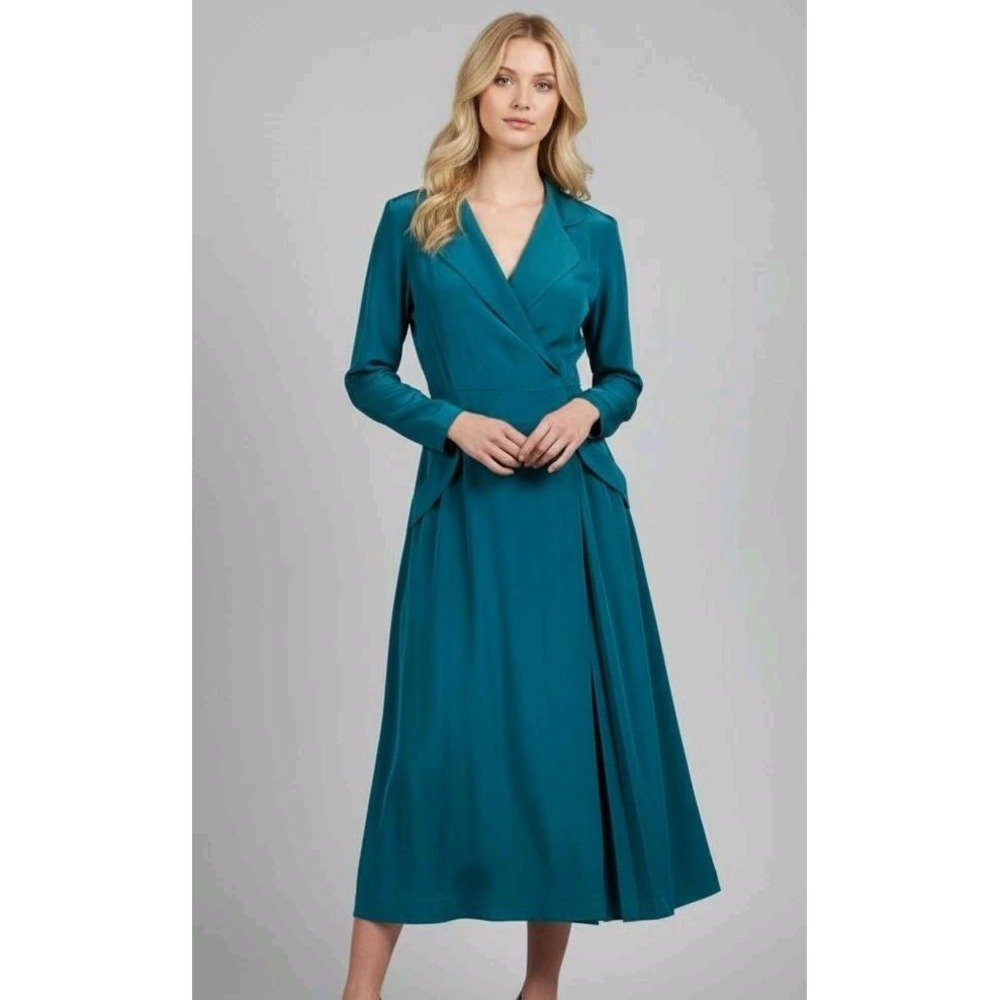 Vintage 1980s Liz Claiborne 100% Silk Wrap Midi Dress Teal Made in‎ Korea Sz 12